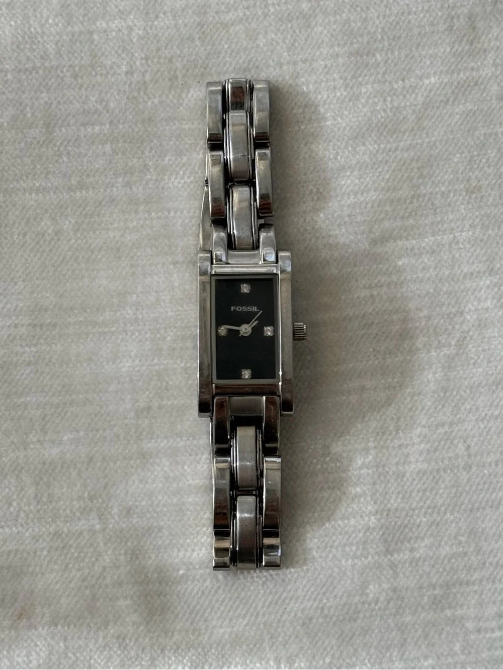 Fossil Silver Stainless Steel Bracelet Watch with Black Dial